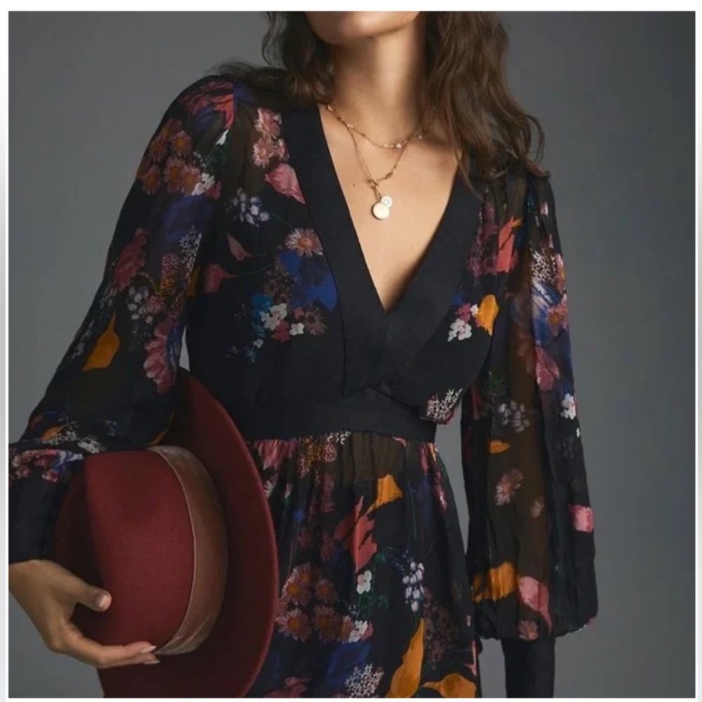 Maeve by Anthropologie Elegant Black Floral Sheer Blouse